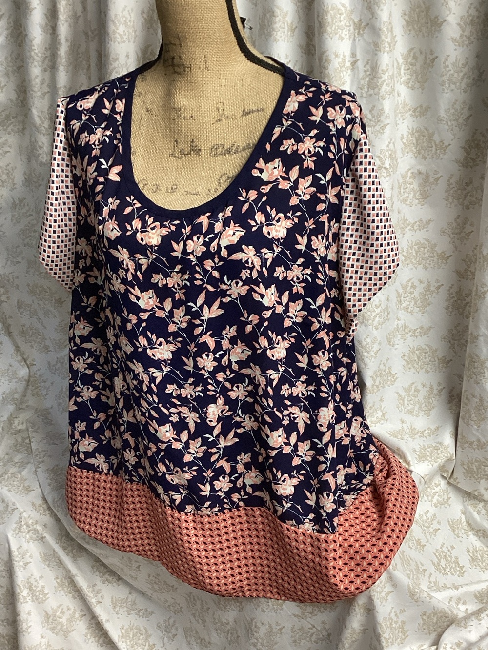 Cynthia Rowley Navy Floral Scoop Neck Top with Pink Patterned Sleeves
